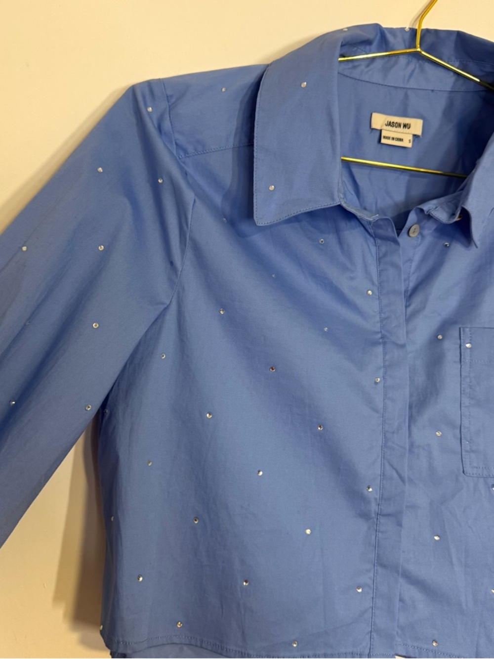 Jason Wu Blue Rhinestone Cropped Button Down Blouse Luxury Designer Poplin Small - Picture 6 of 10